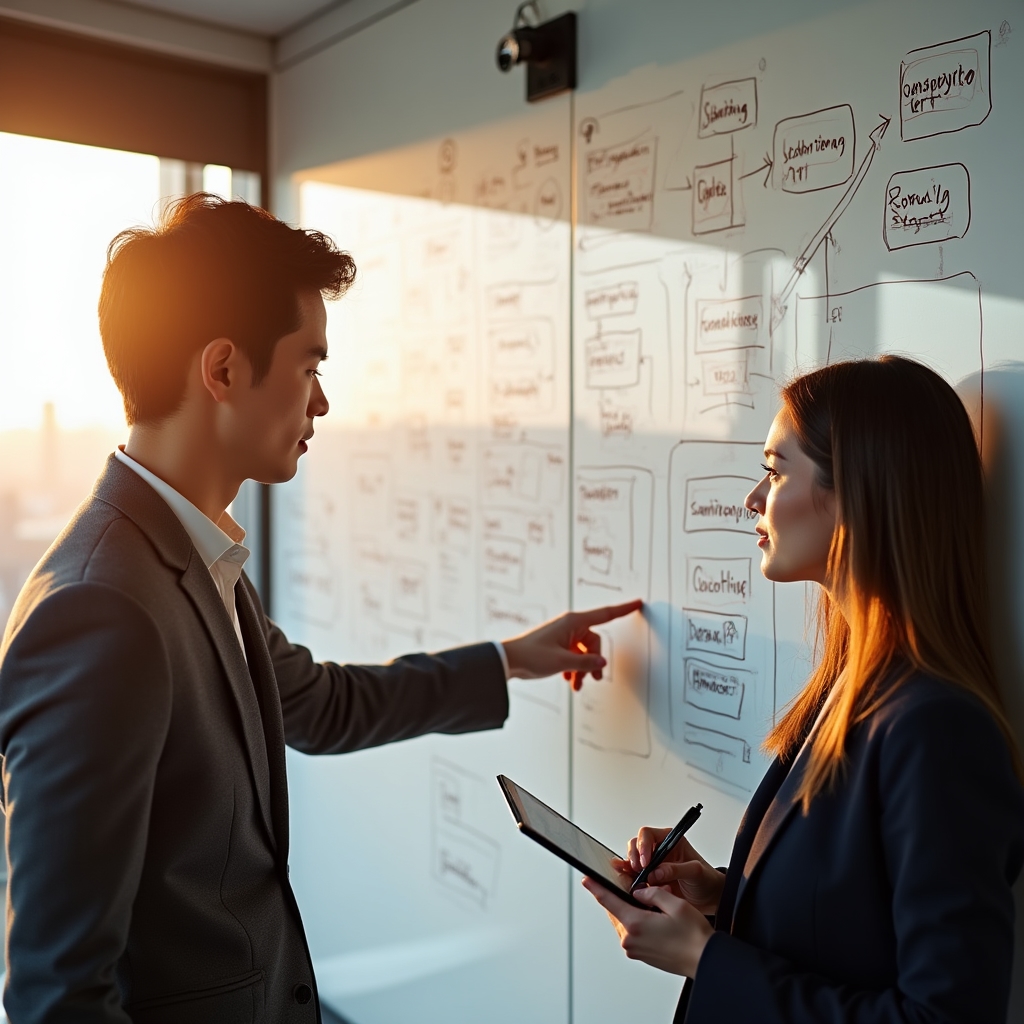 Sessione di coaching con lavagna e mappa di flusso di lavoro