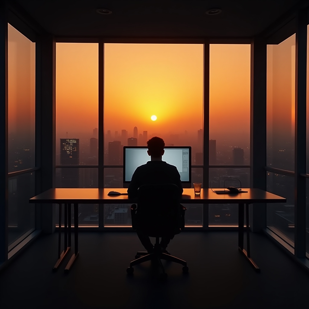 Ambiente di lavoro profondo con luce naturale, scrivania ordinata e fondatore in stato di concentrazione