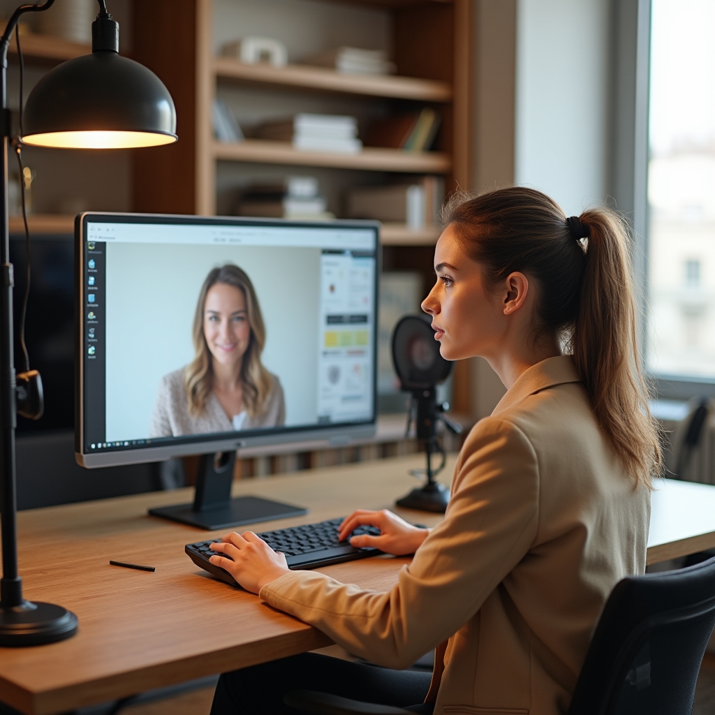 Setup per sessione di coaching da remoto con schermo, cuffie e ambiente professionale luminoso