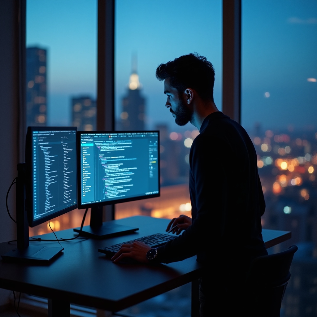 Fondatore tecnico che analizza flussi di lavoro su schermo con codice e dashboard